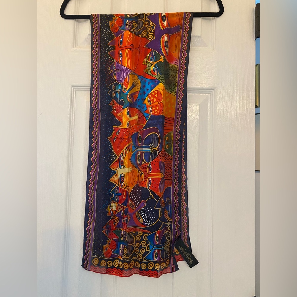 Laurel Burch Vintage 100% Silk Colorful Cat Print Scarf Maximalist 90’s Y2K
